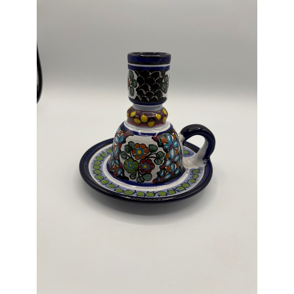 Talavera Pottery Candlestick Holder Hand Painted Puebla Mexico Floral Signed